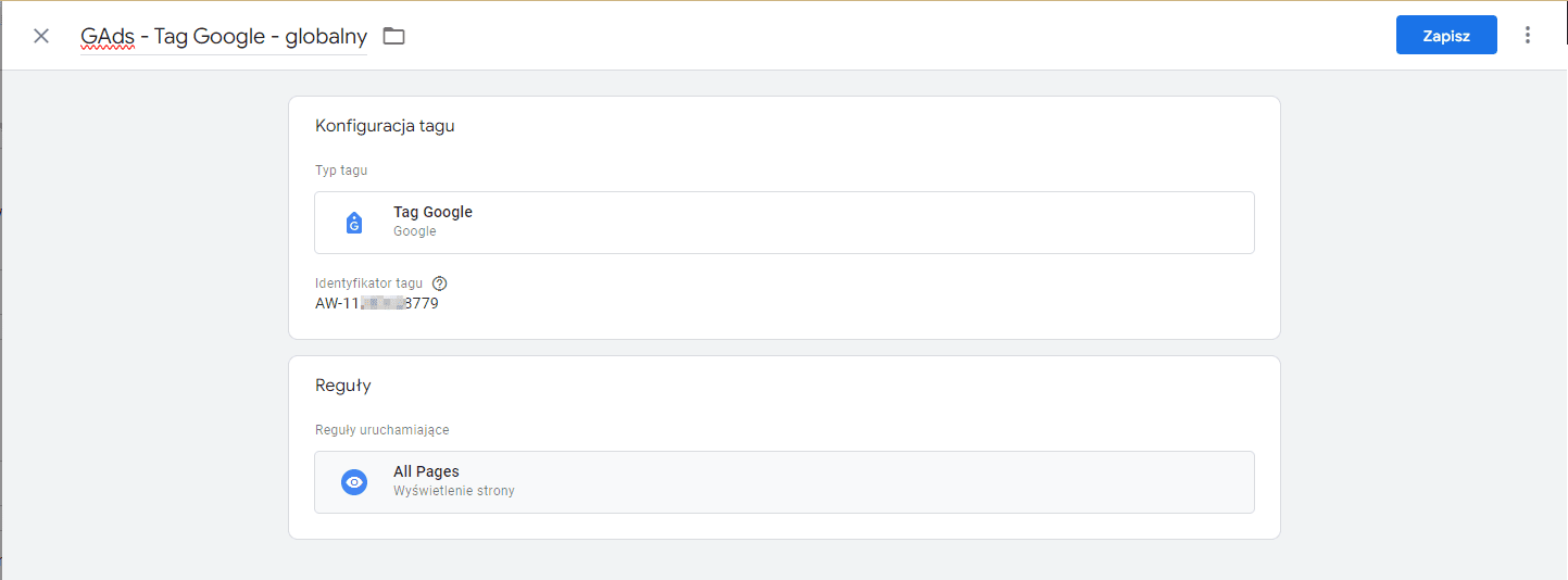 tag google z identyfikatorem konwersji